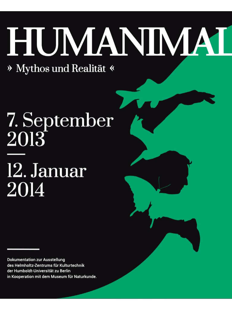 Cover der Publikation HUMANIMAL. Myth and Reality. Zu sehen ist ein schwarzer Hintergrund mit collageartig ausgeschnittenen Tierfiguren in Grün. Herausgegeben von einer studentisch geleiteten Forschungsgruppe am Zentrum für Kulturtechnik.