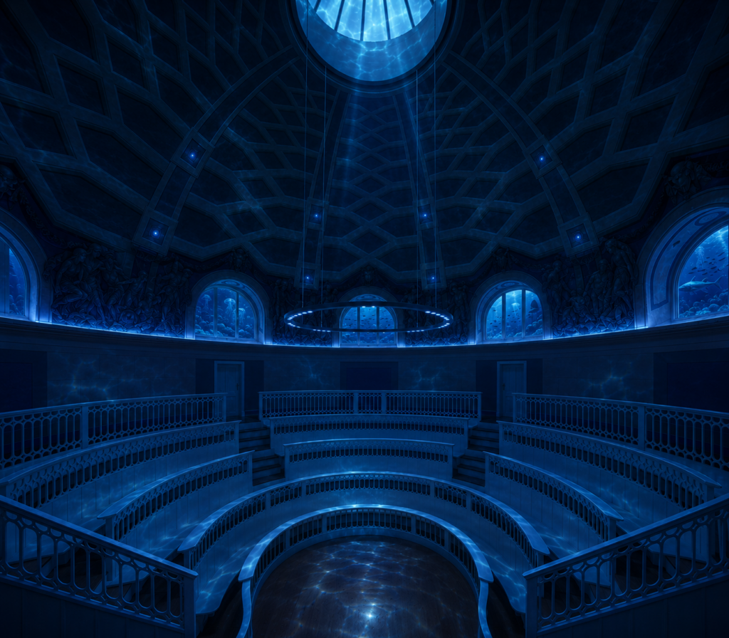 K.I.-gestütze, digitale Visualisierung des historischen Hörsaals des TA T – Tieranatomisches Theater der Humboldt-Universität zu Berlin, transformiert in eine atmosphärische Unterwasserlandschaft. Der halbkreisförmige Hörsaal erscheint in tiefen Blau- und Türkistönen, durchzogen von Lichtreflexen, die an Wasseroberflächen erinnern. Von einer runden Öffnung in der Kuppel fällt blaues Licht in den Raum. In den bogenförmigen Fenstern scheinen Unterwasserszenen mit Meereslebewesen sichtbar zu sein. Die geschwungenen Sitzreihen und Geländer des Hörsaals bleiben erkennbar, wirken jedoch wie von Wasser umgeben oder überflutet. Die Darstellung verbindet historische Architektur mit einer poetischen, immersiven Tiefseeatmosphäre.